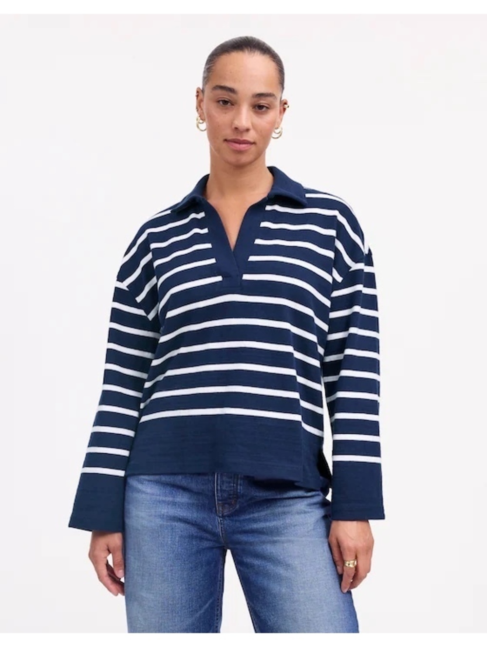 Madewell Rugby Polo Tee Navy White Stripe Oversized Coastal Preppy Size S